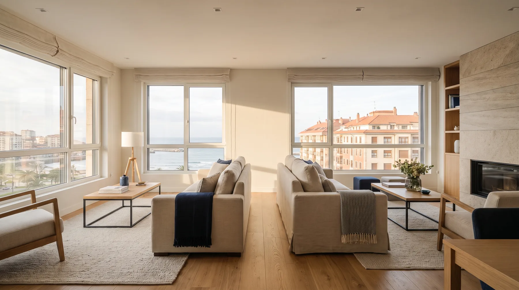 Salón luminoso con vistas al litoral urbano de Gijón