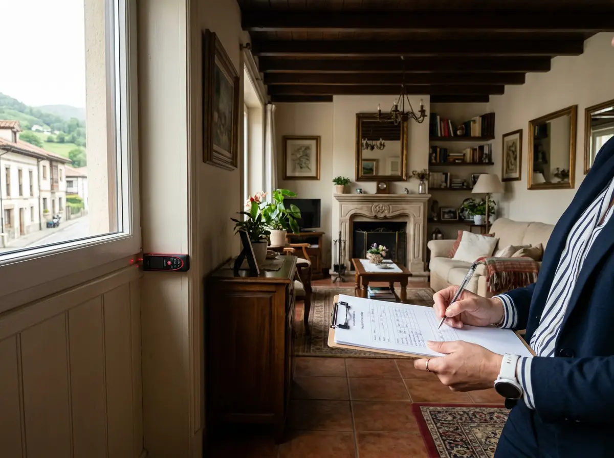 Asesor inmobiliario midiendo y revisando una vivienda